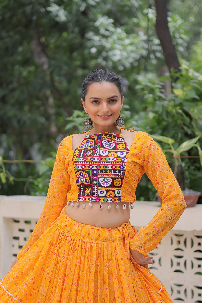 Georgette Bandhej Print Frill Lehenga