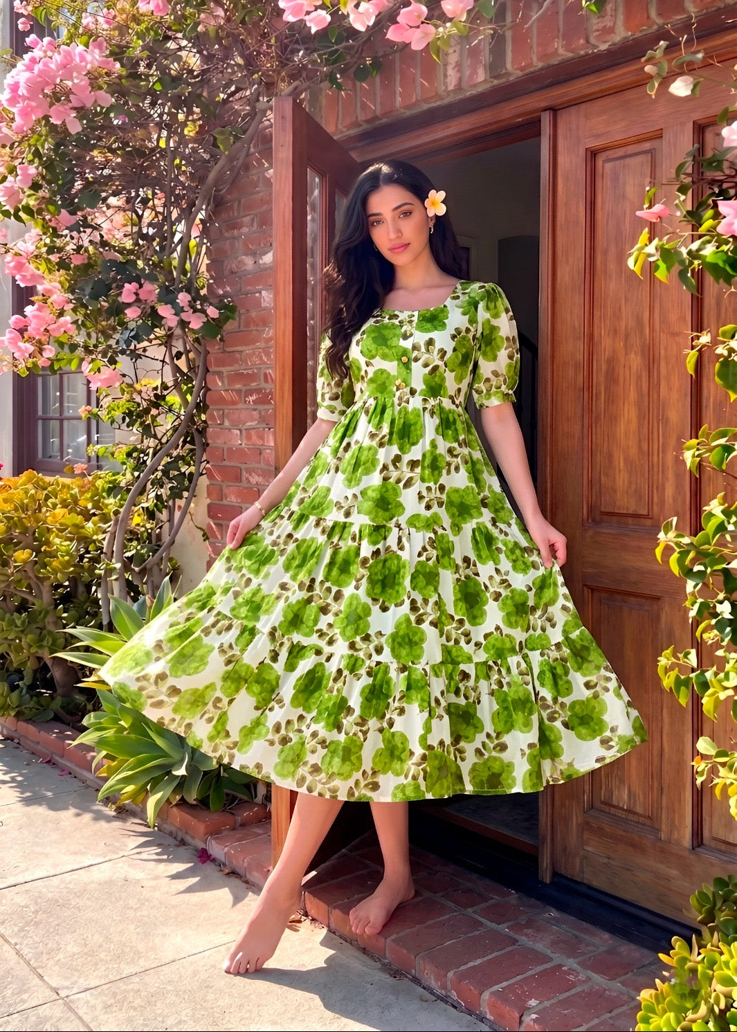 Classic Floral Twirl Midi Dress