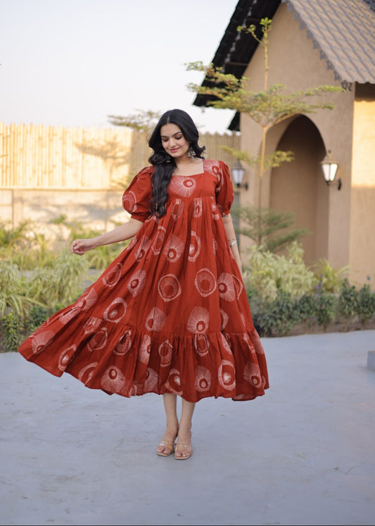 Boho Block Print Cotton Midi Dress