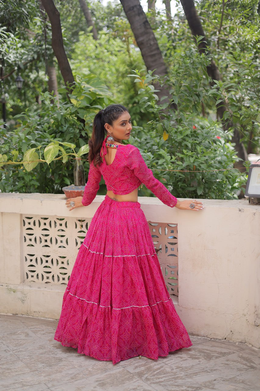 Georgette Bandhej Print Frill Lehenga