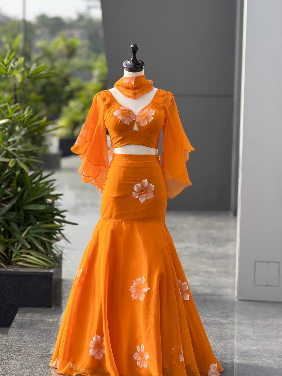 Orange Hand-Painted Fish-Cut Lehenga