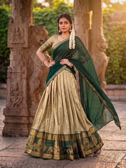 Beige Forest Green Half Saree