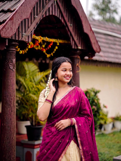 Cream Lehenga with Zari Border Dupatta