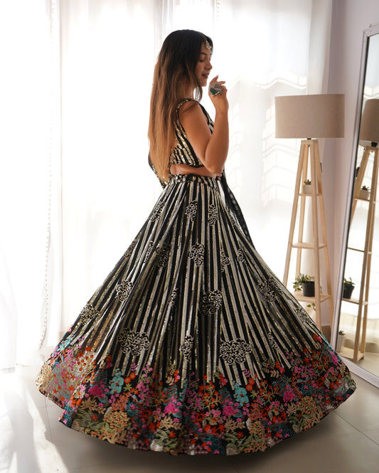 Glimmering Stripe And Floral Lehenga