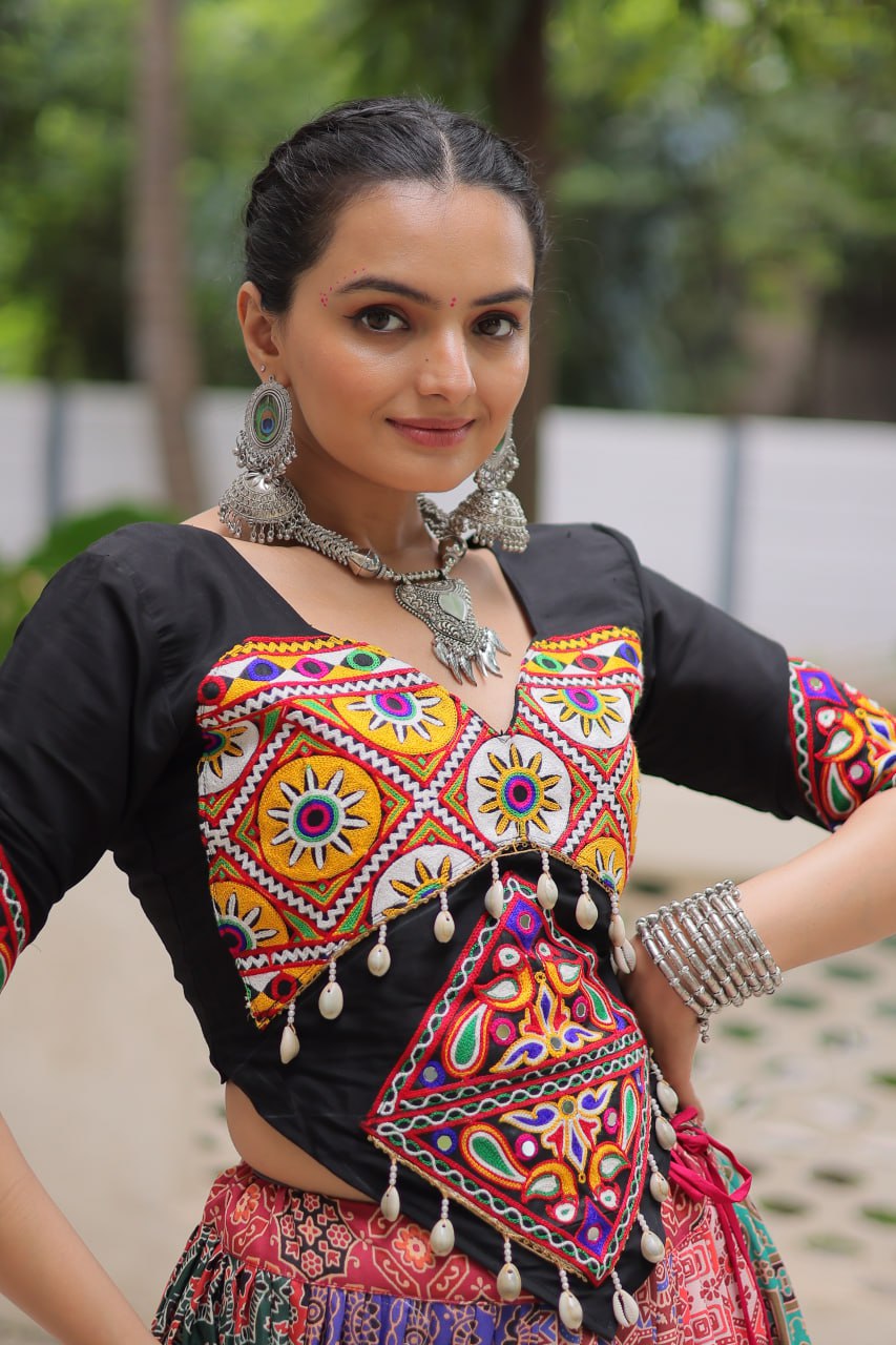 Multicolour Embroidery Work Cotton Lehenga