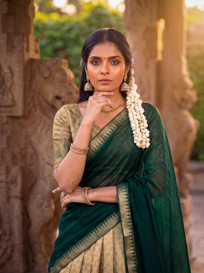Beige Forest Green Half Saree