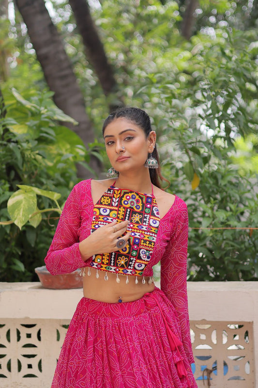 Georgette Bandhej Print Frill Lehenga
