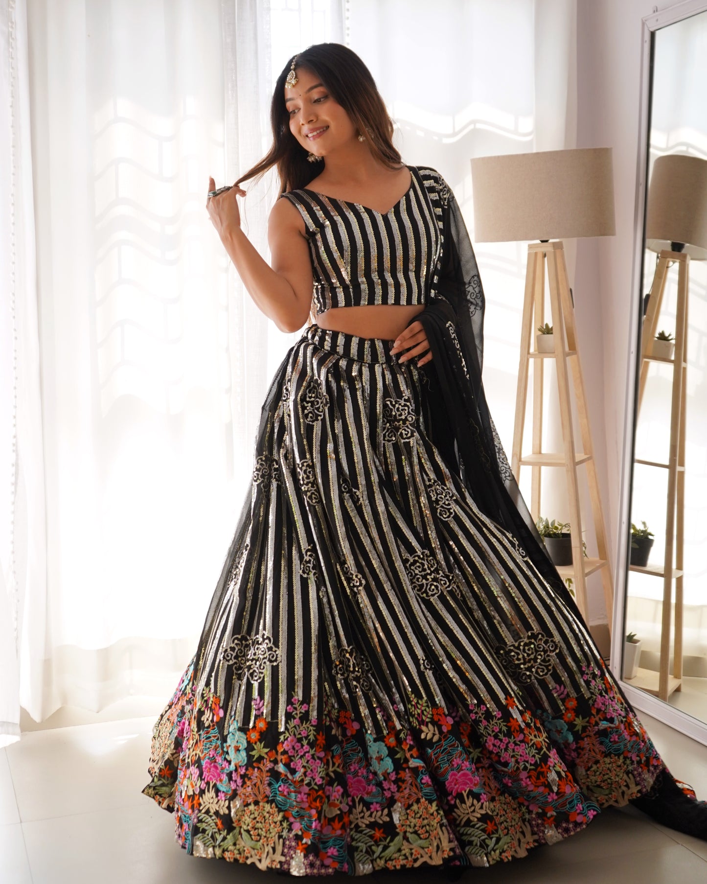 Glimmering Stripe And Floral Lehenga
