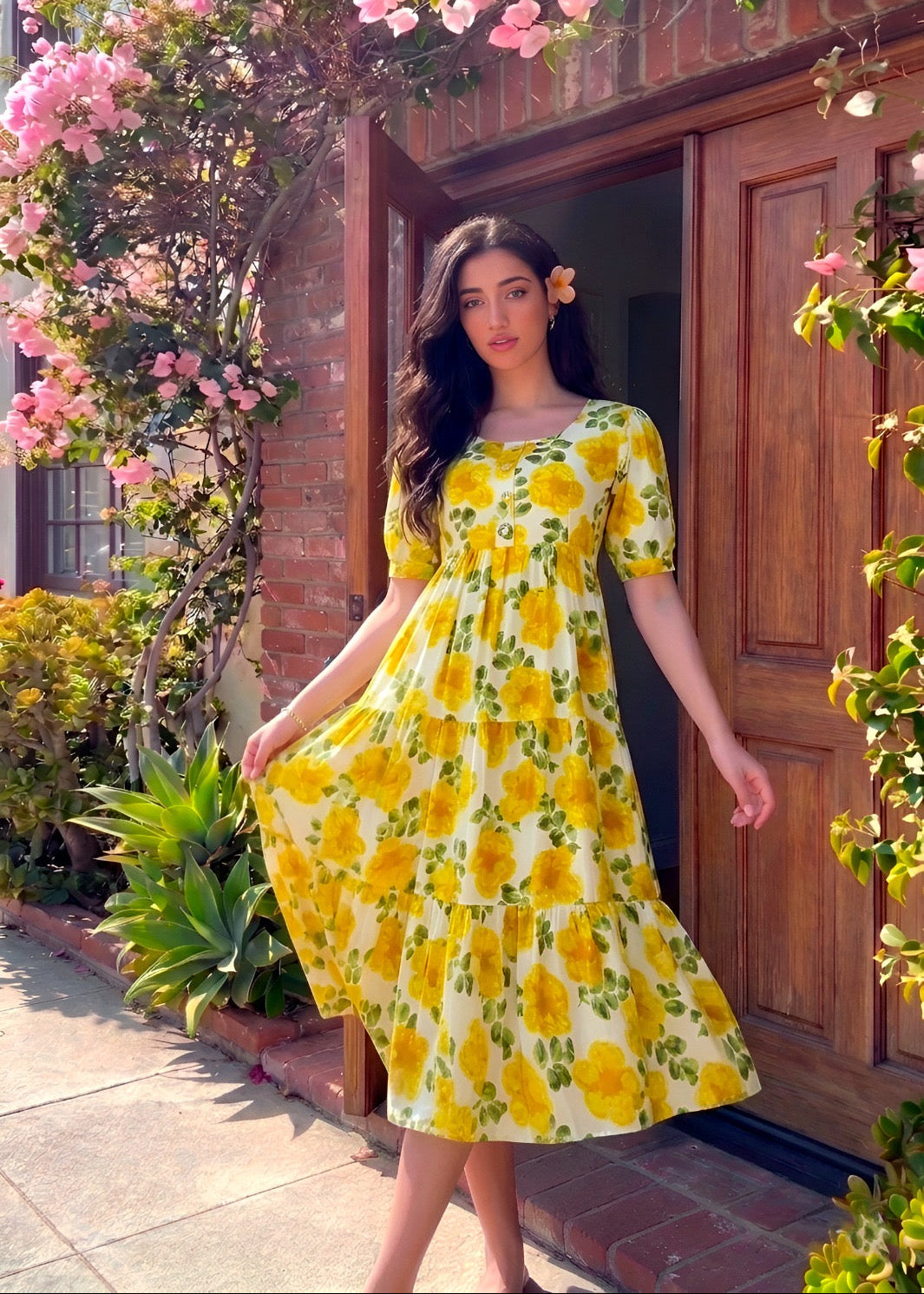 Classic Floral Twirl Midi Dress