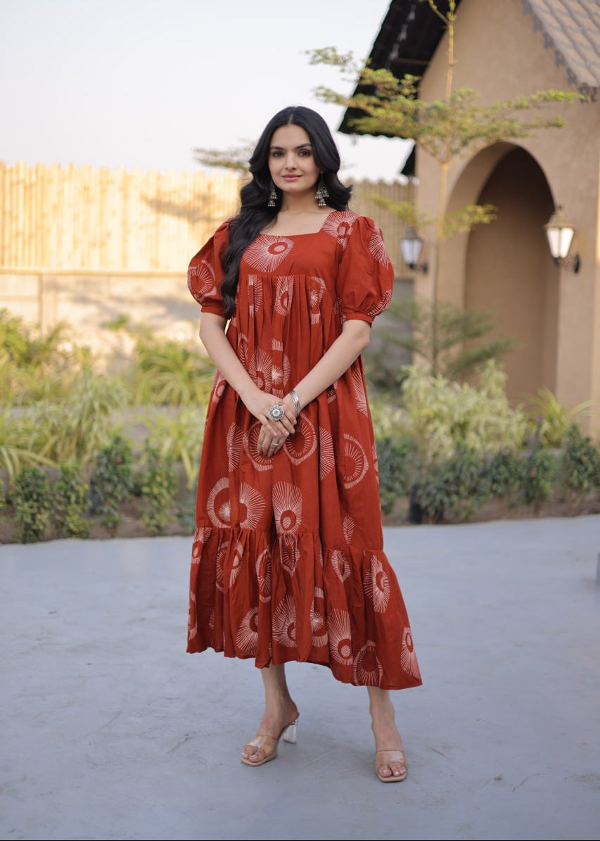 Boho Block Print Cotton Midi Dress