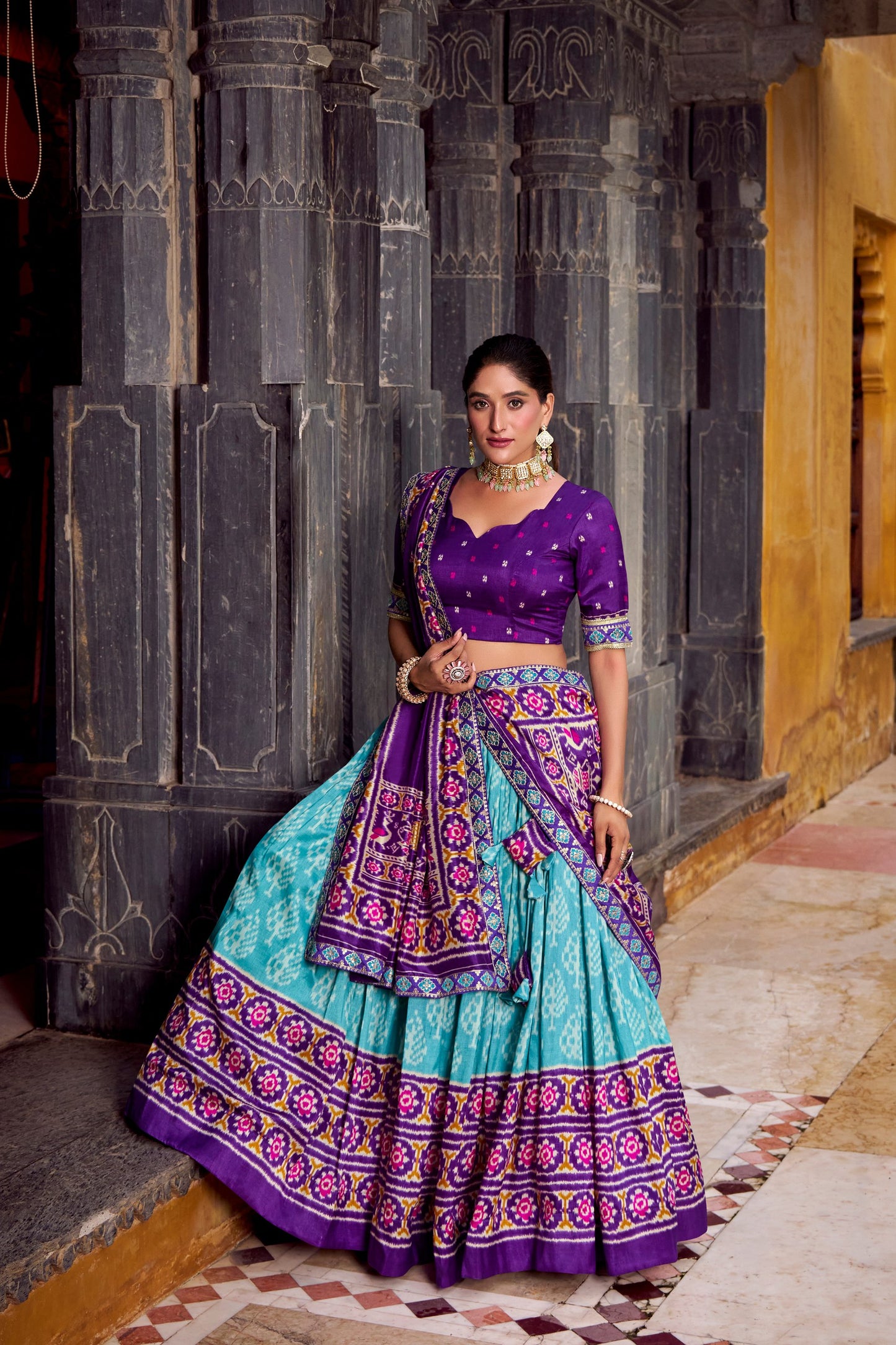 Ikkat Print Tussar Silk Lehenga