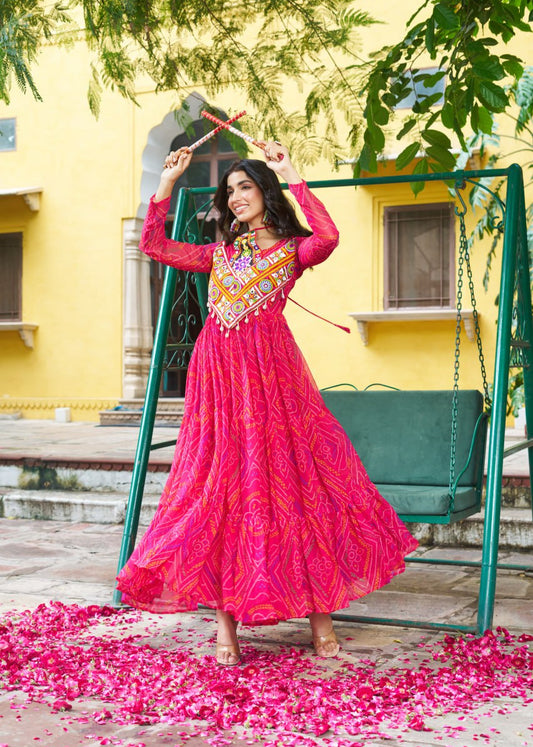 Patch Work Neck Bandhani Flared Gown