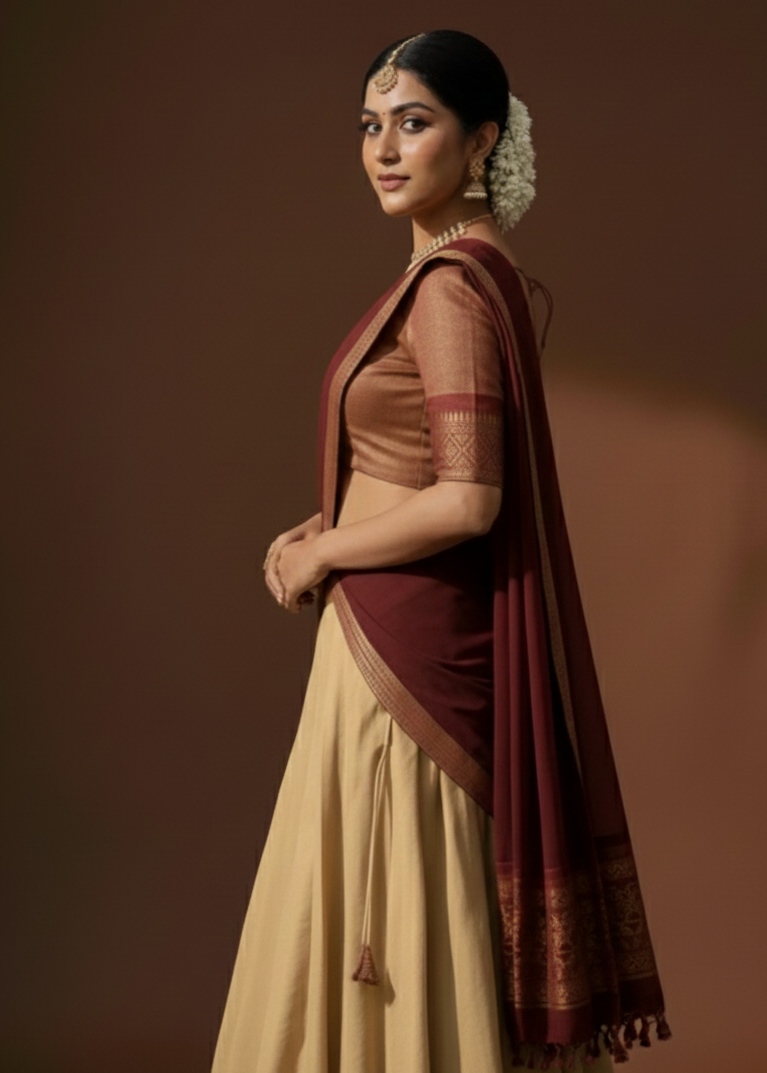 Maroon Kanchi Style Half Saree