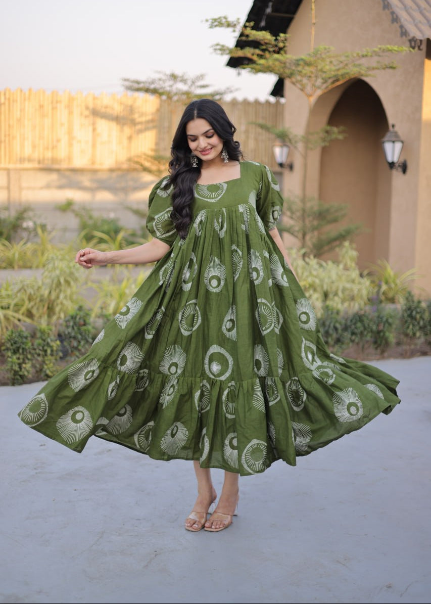 Boho Block Print Cotton Midi Dress