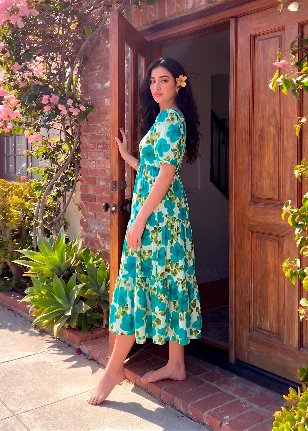 Classic Floral Twirl Midi Dress