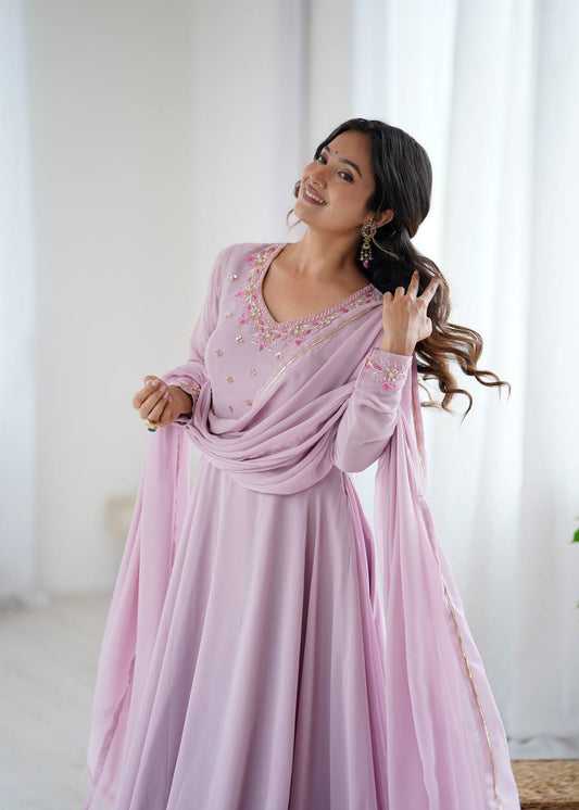 Lavender Neck Embroidery Georgette Gown