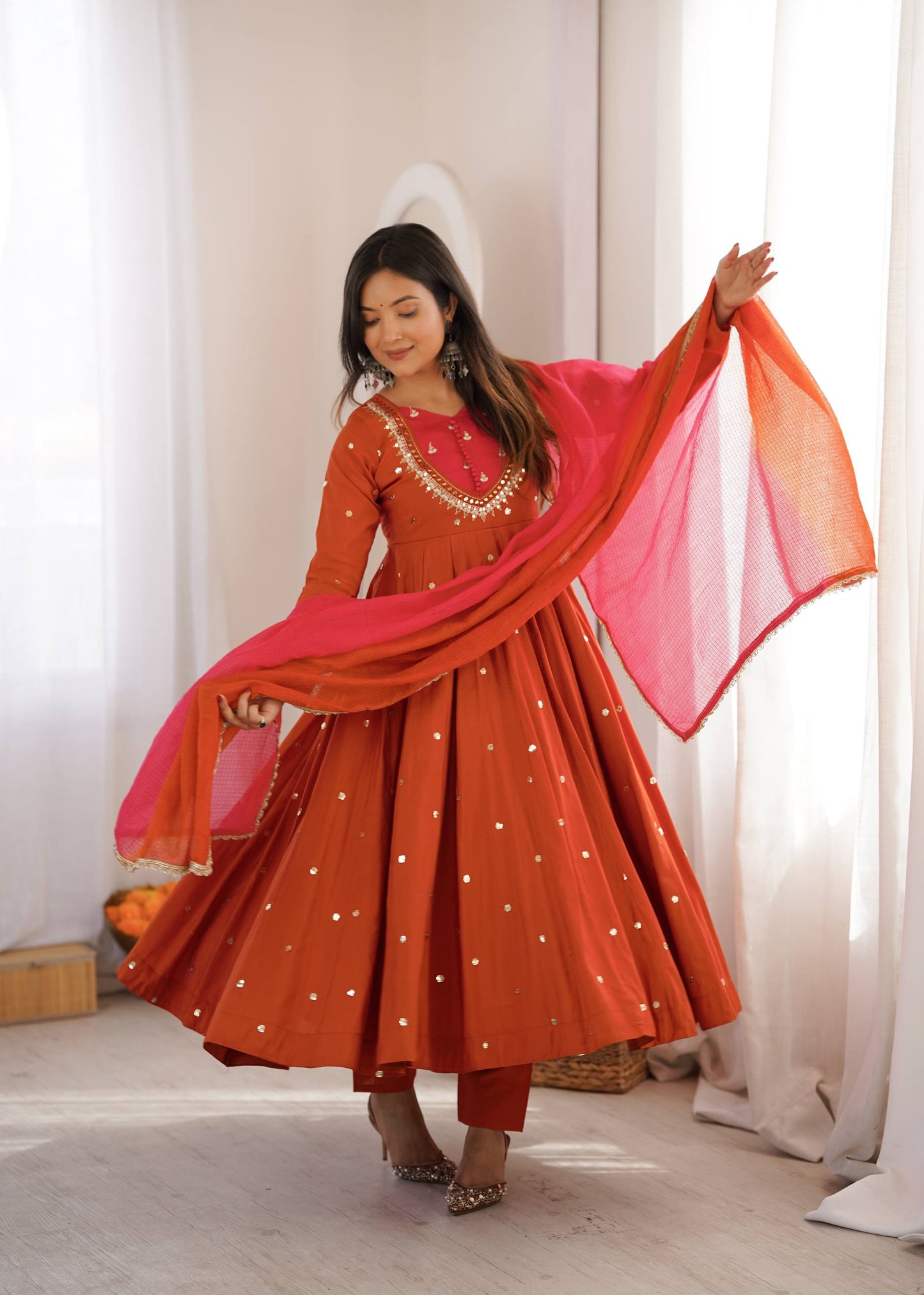 Rosy Sunset Mirror Anarkali Set