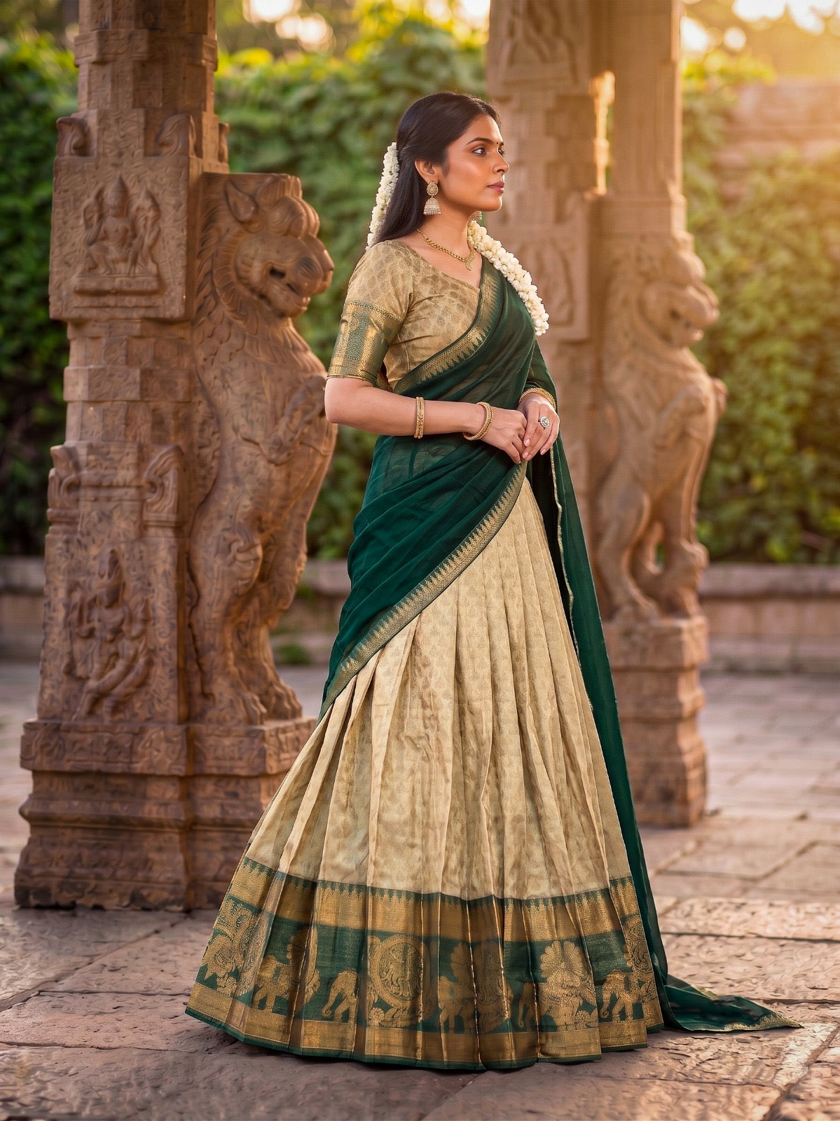 Beige Forest Green Half Saree