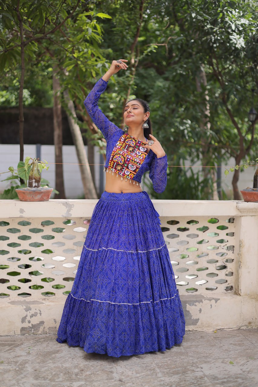 Georgette Bandhej Print Frill Lehenga