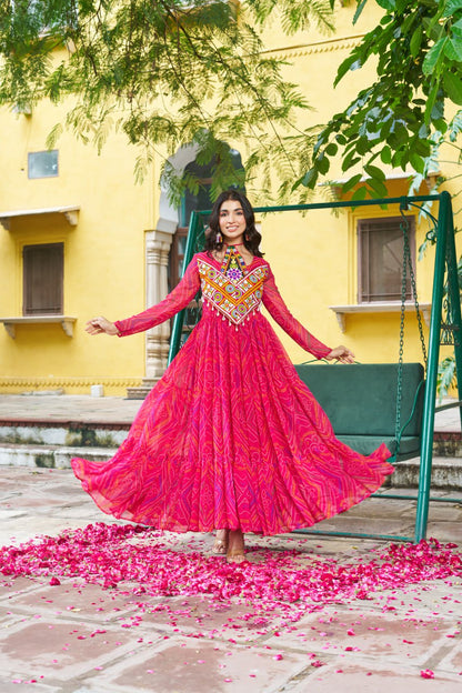 Patch Work Neck Bandhani Flared Gown