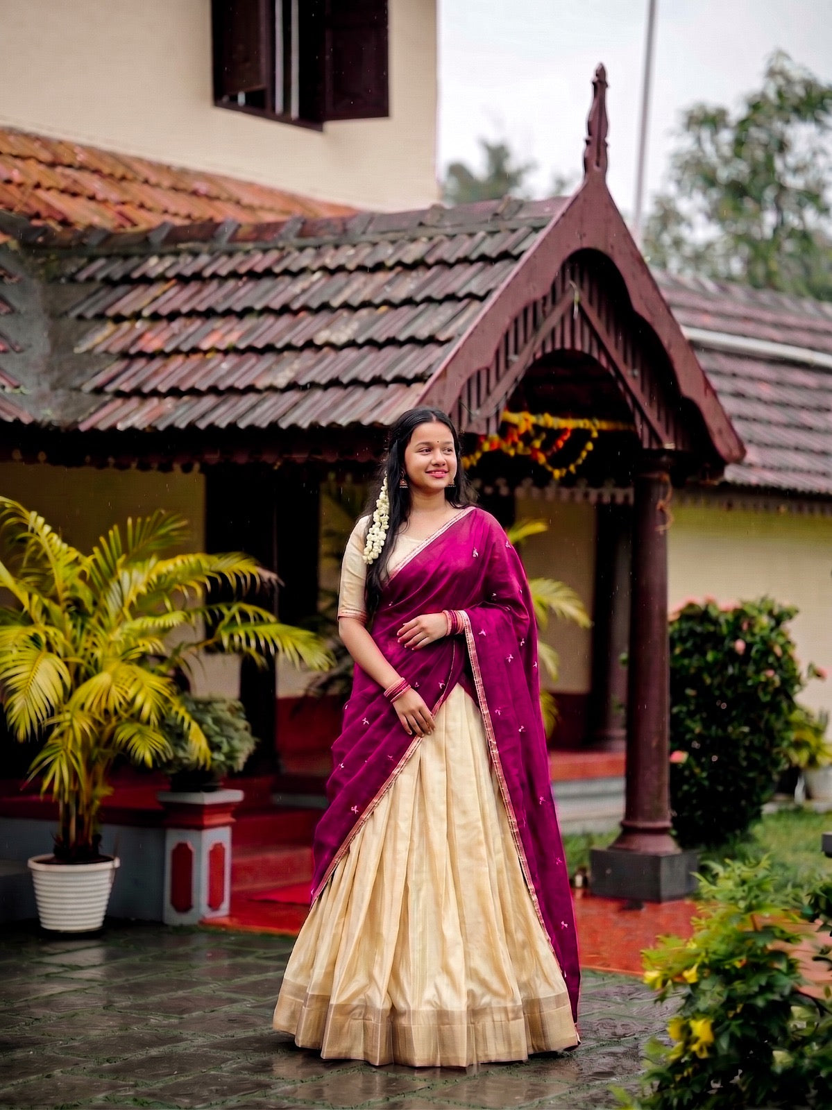 Cream Lehenga with Zari Border Dupatta