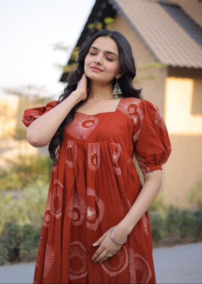 Boho Block Print Cotton Midi Dress