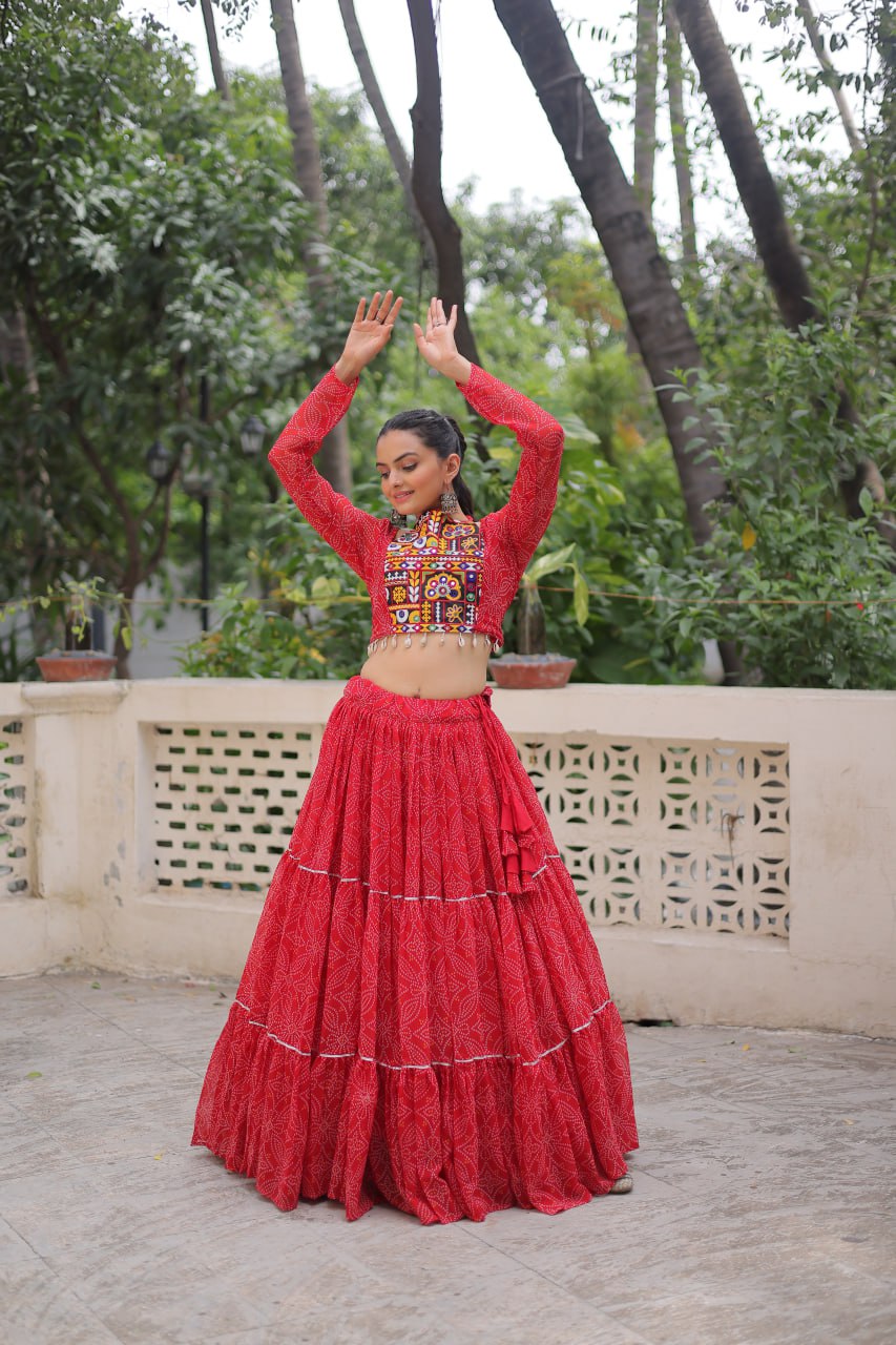 Georgette Bandhej Print Frill Lehenga