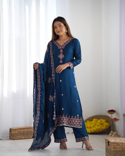 Embroidered Chinon Silk Kurta Set