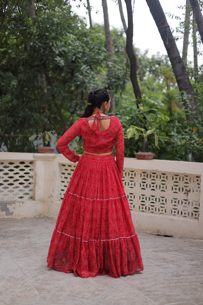 Georgette Bandhej Print Frill Lehenga