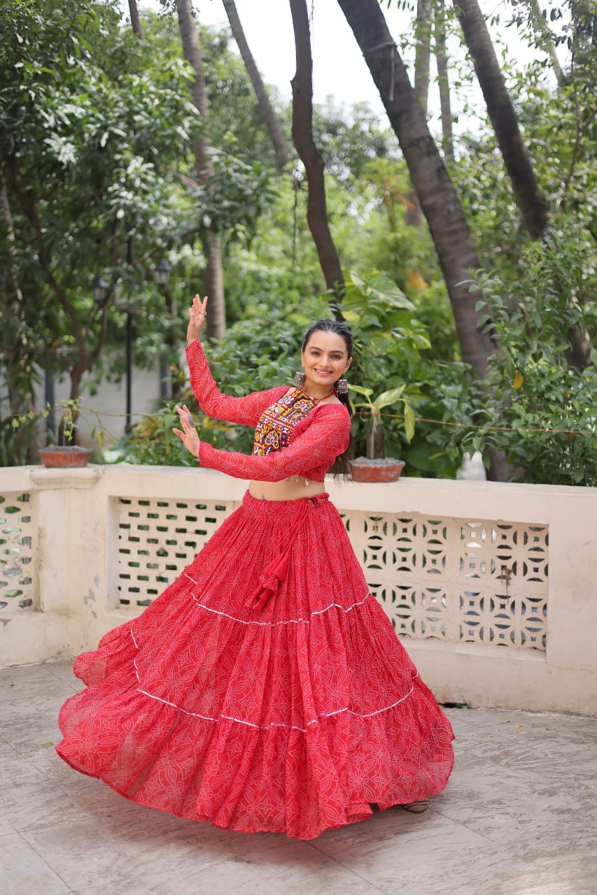 Georgette Bandhej Print Frill Lehenga