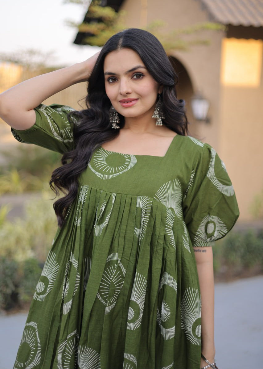 Boho Block Print Cotton Midi Dress