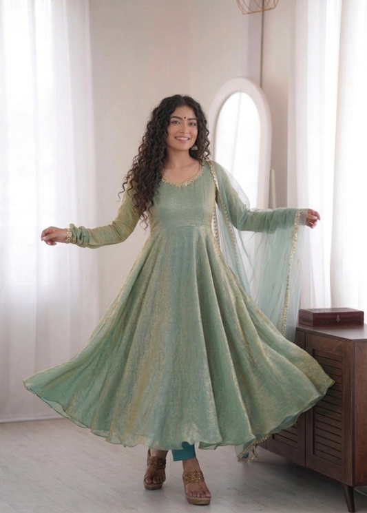 Celestial Bloom Mirrorwork Gown Set