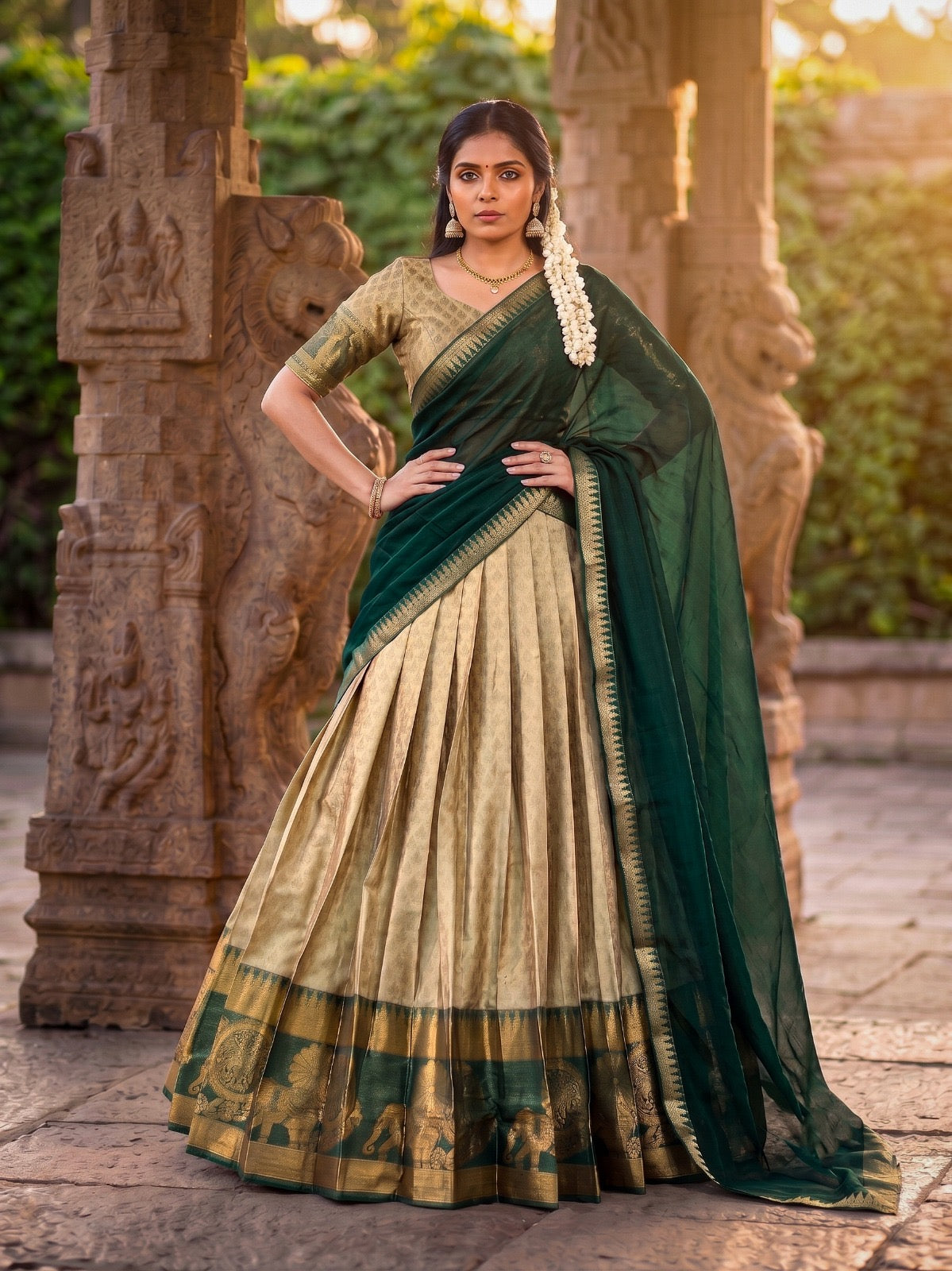 Beige Forest Green Half Saree