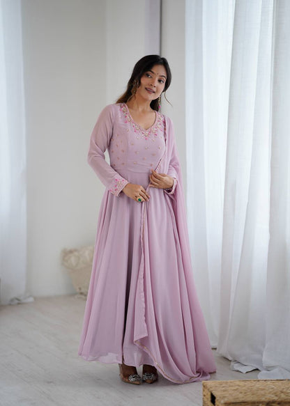 Lavender Neck Embroidery Georgette Gown