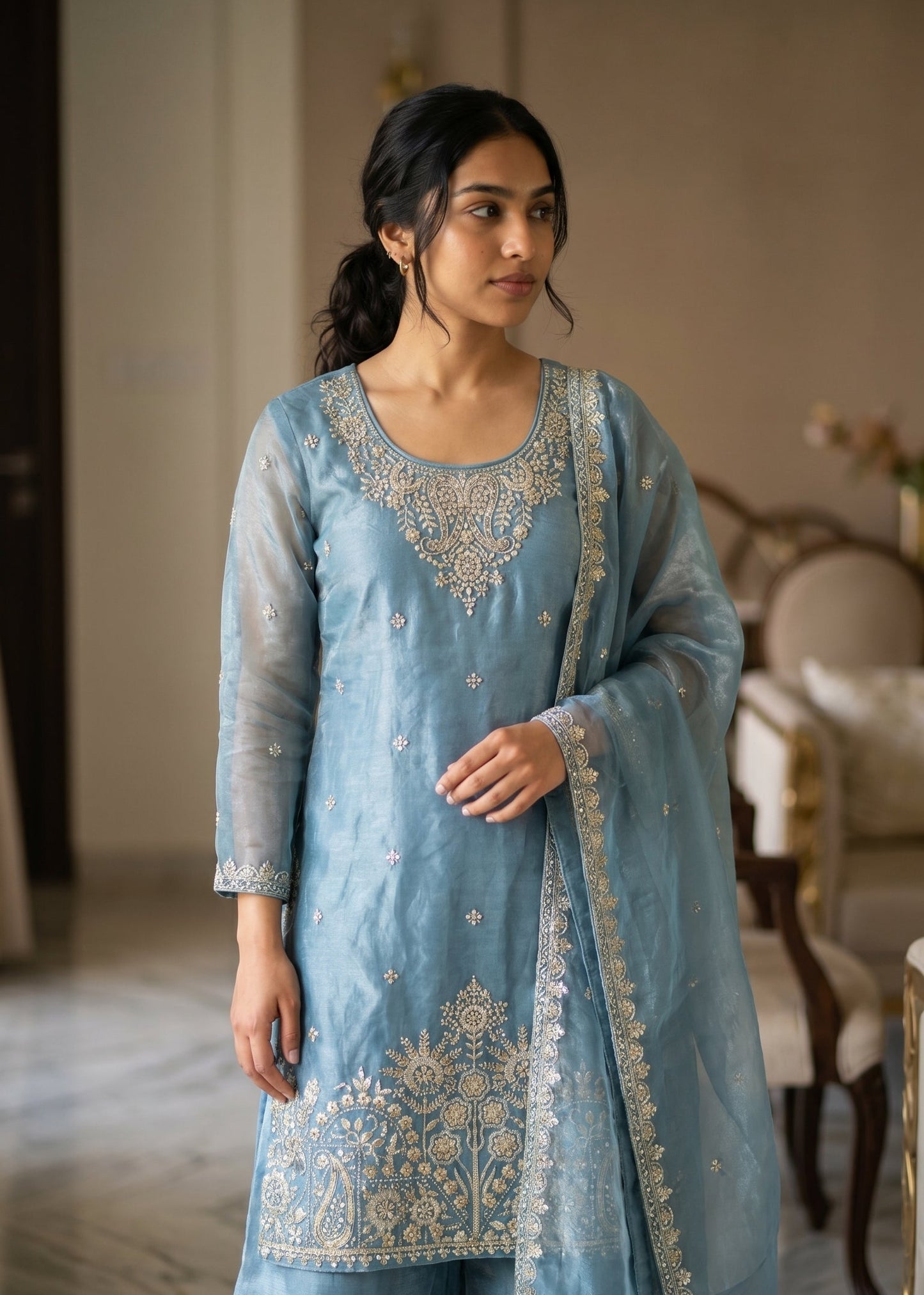 Ethereal Blue Festive Palazzo Suit