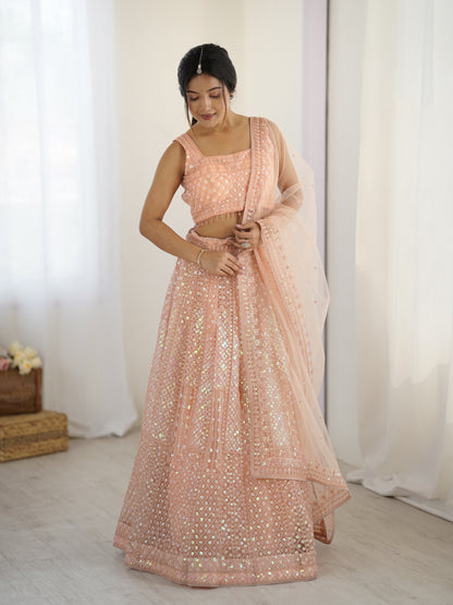 Peach Sparkling Dori Net Lehenga