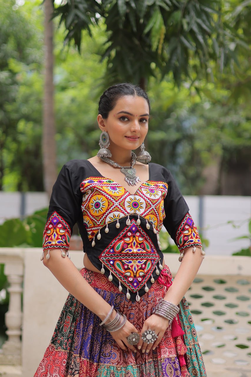 Multicolour Embroidery Work Cotton Lehenga