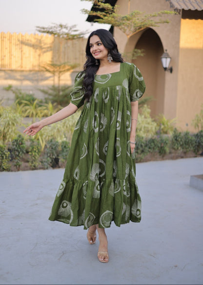 Boho Block Print Cotton Midi Dress
