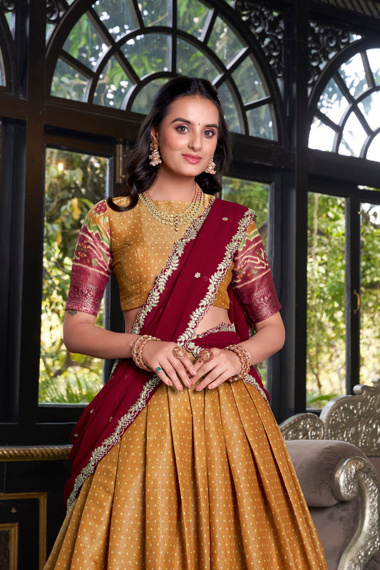 Zari Weaves With Printed South Lehenga
