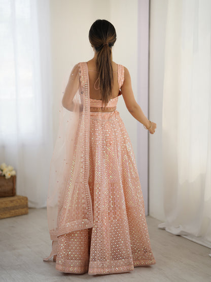 Peach Sparkling Dori Net Lehenga
