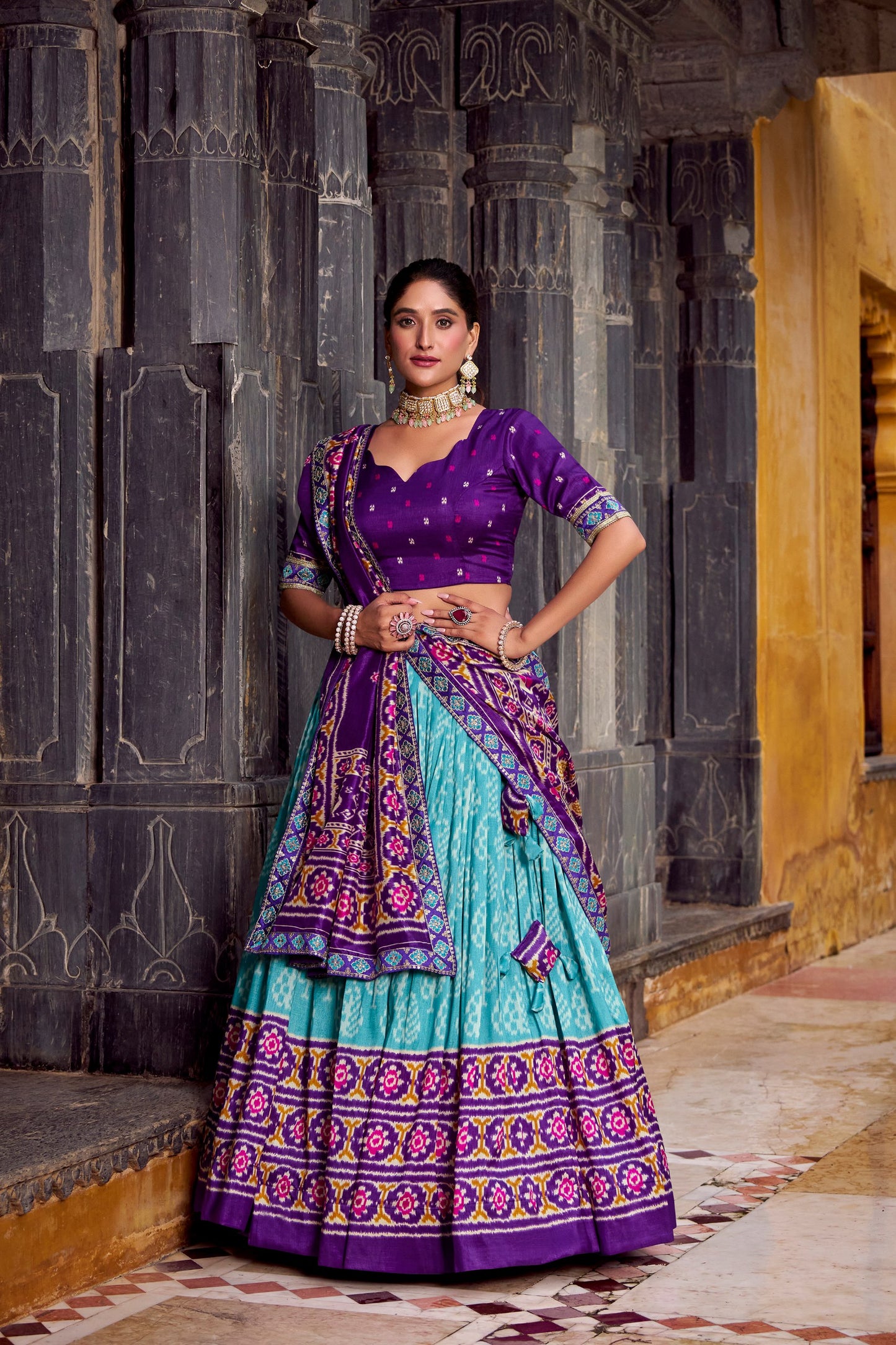 Ikkat Print Tussar Silk Lehenga