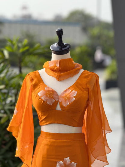 Orange Hand-Painted Fish-Cut Lehenga