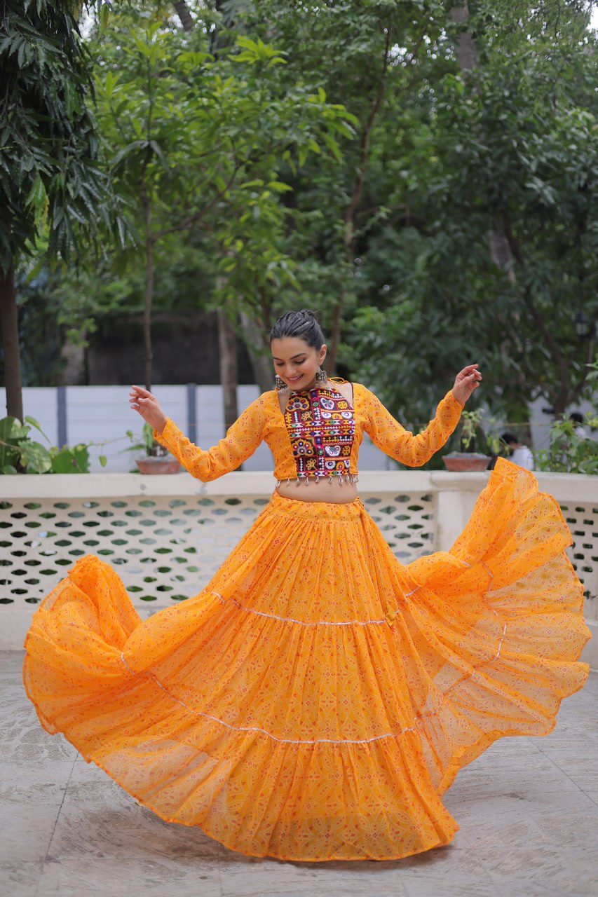 Georgette Bandhej Print Frill Lehenga