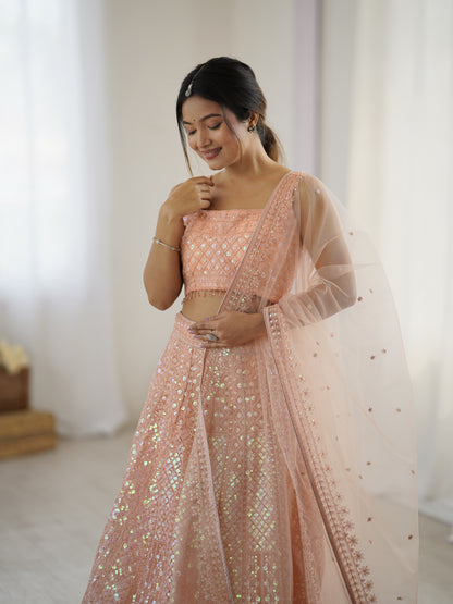 Peach Sparkling Dori Net Lehenga