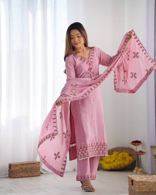 Embroidered Chinon Silk Kurta Set