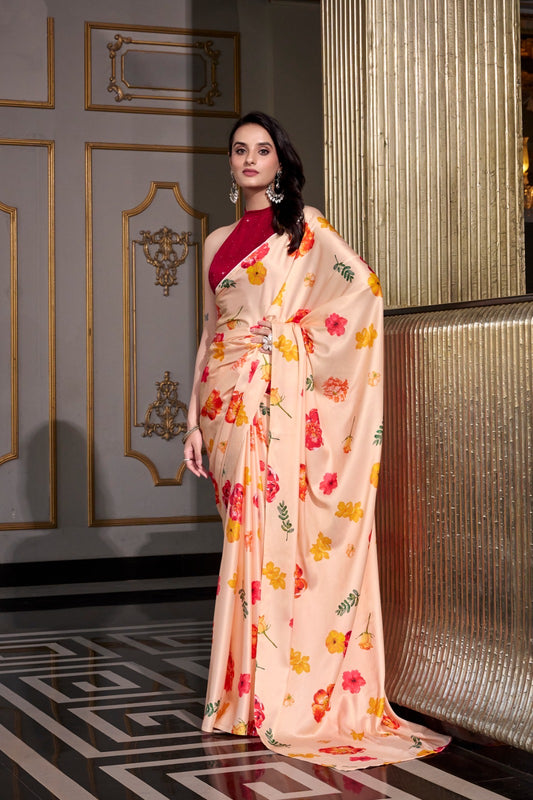 Elegant Satin Silk Printed Saree