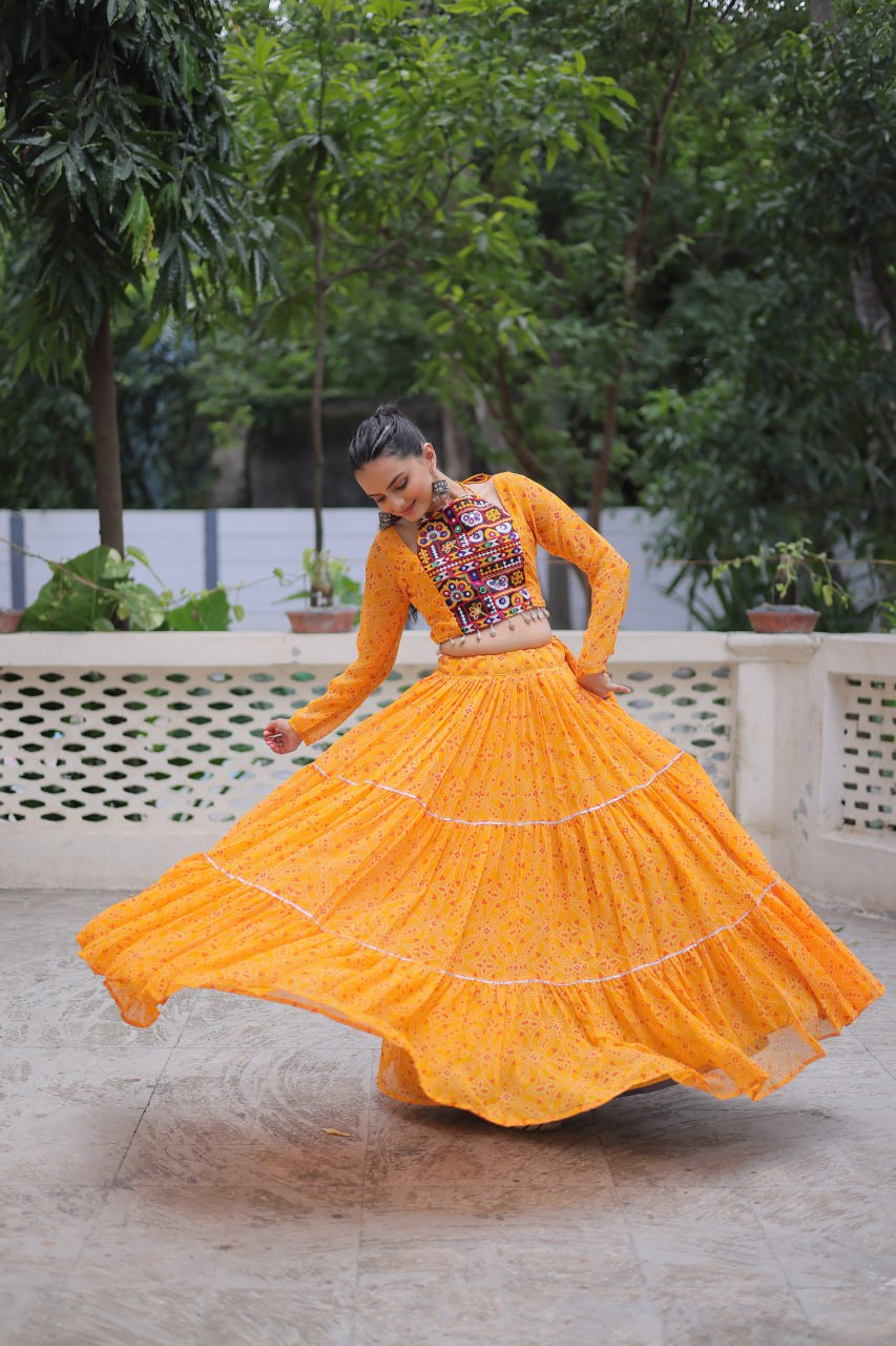 Georgette Bandhej Print Frill Lehenga