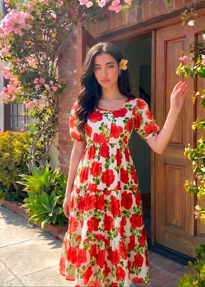 Classic Floral Twirl Midi Dress