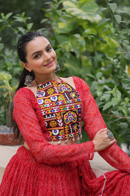 Georgette Bandhej Print Frill Lehenga