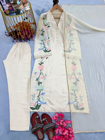 Ivory Bloom Embroidered Kaftan Set